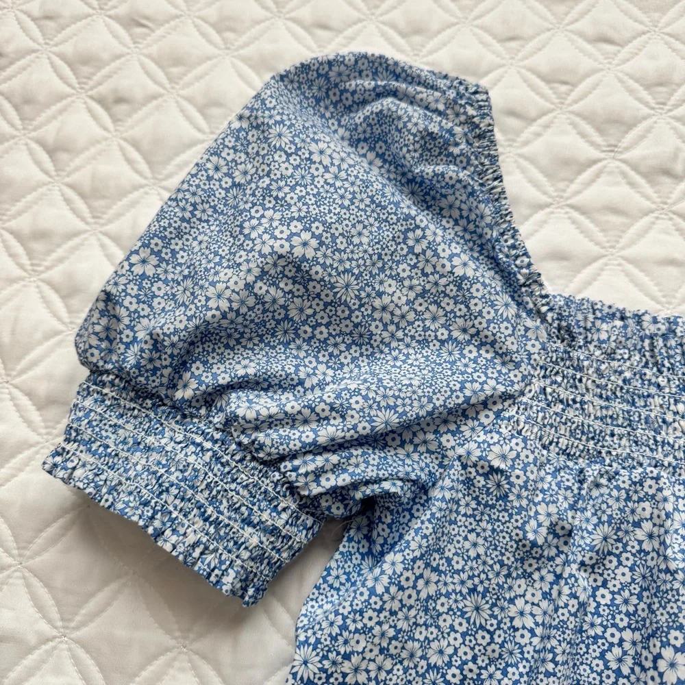 J Crew Liberty Jacqueline's Blossom Floral Blue Smocked Puff Sleeve Top Size M